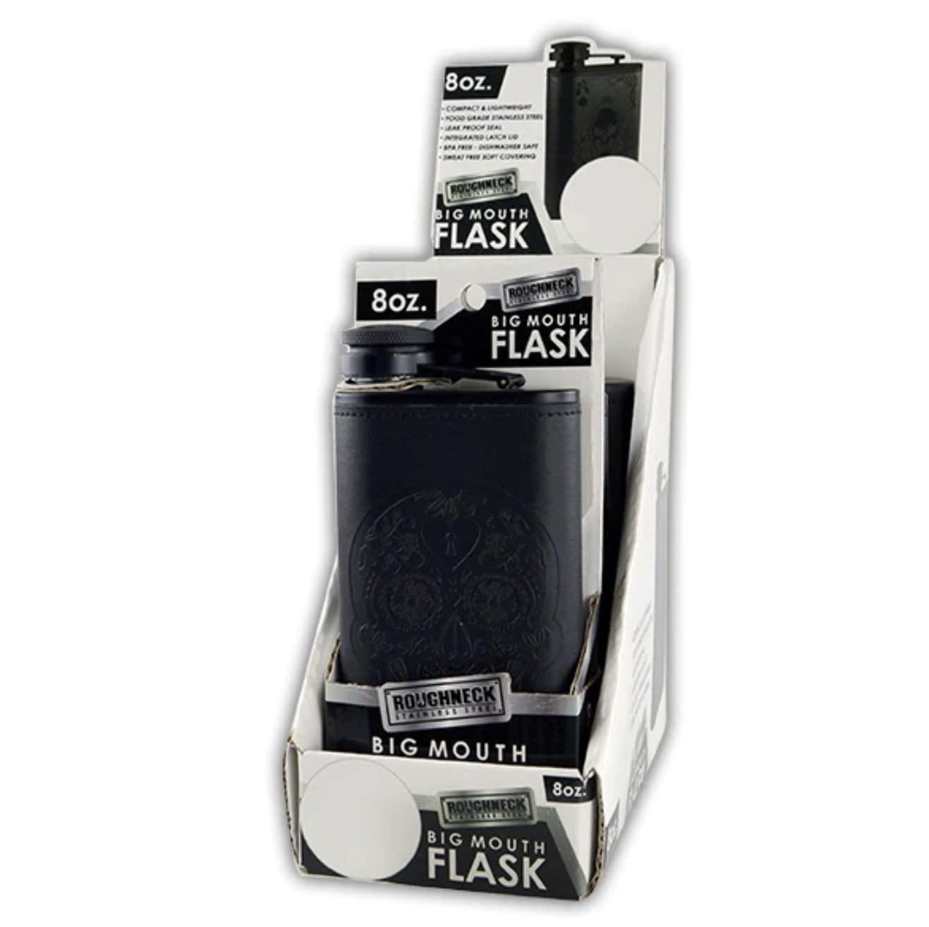 Roughneck Big Mouth Flask – 8oz Black Leather-Wrapped Stainless